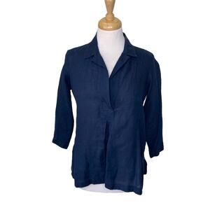 GRASSROOT by Anita Dongre 100% Linen Split Neck Collared Pleated Blouse Navy